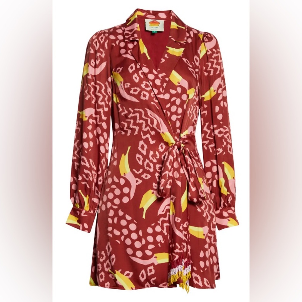 Farm Rio Toucanissimo Long Sleeve Print Beaded Tie Mini dress